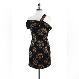 Milly of New York One Shoulder Black and Gold Cocktail Dress with Bow Front NYE